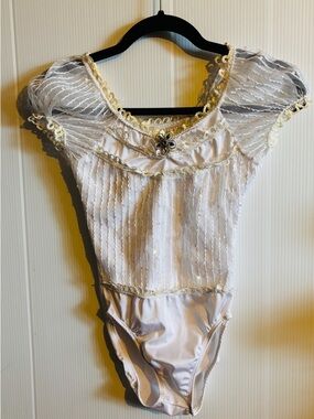 FINA  Vintage White and Gold Lace-Trim Sheer Sleeve leotard Bodysuit